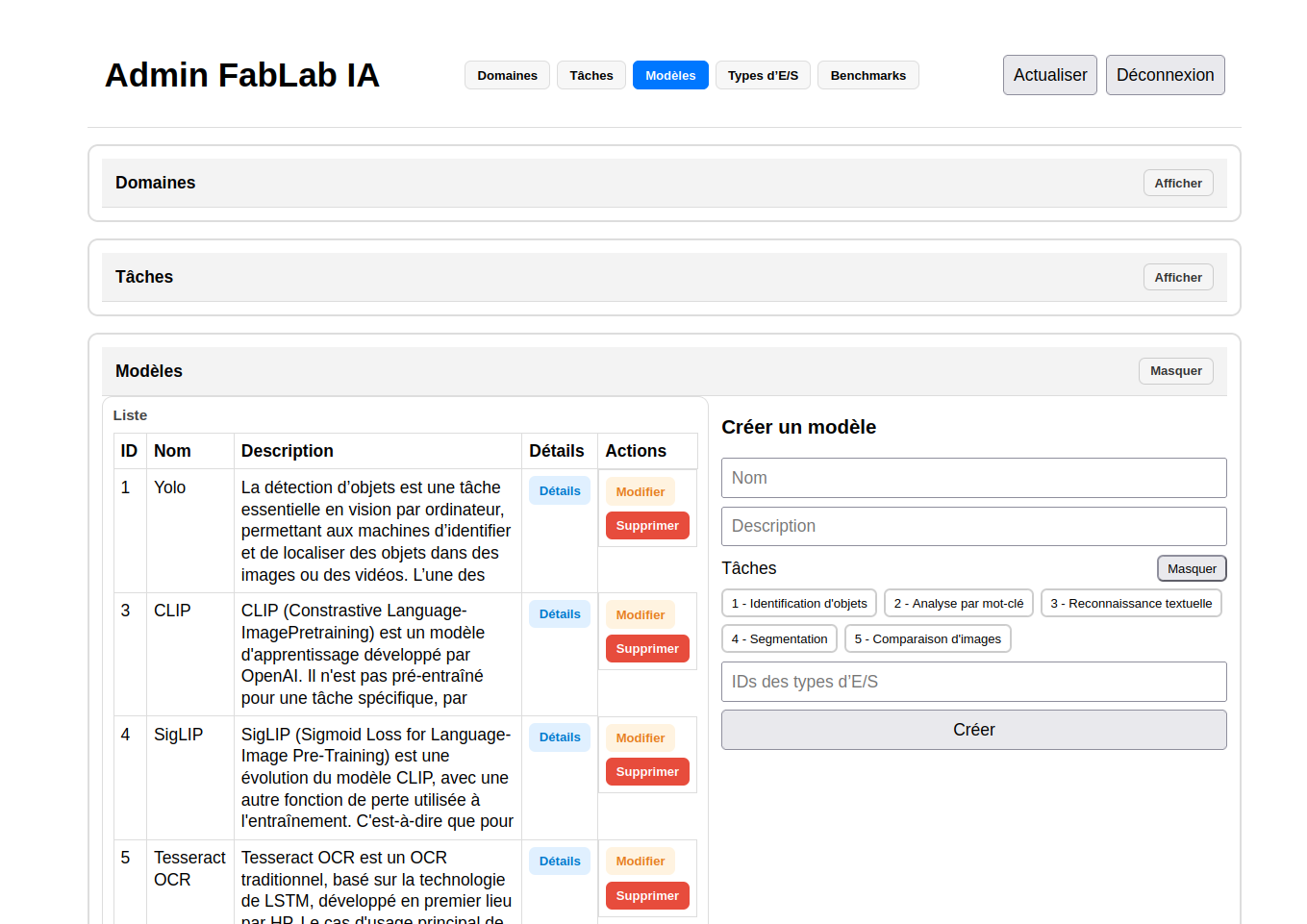 Page d'administration du FabLab